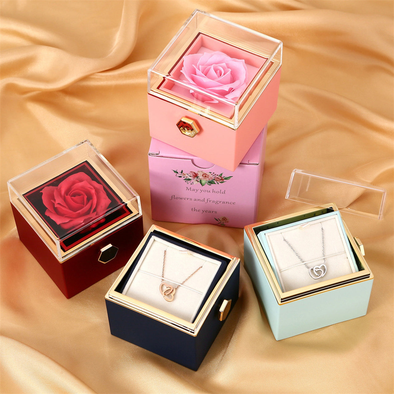 Rotating Rose Jewelry Box – Luxury Gift with Real Flower & Hidden Drawer