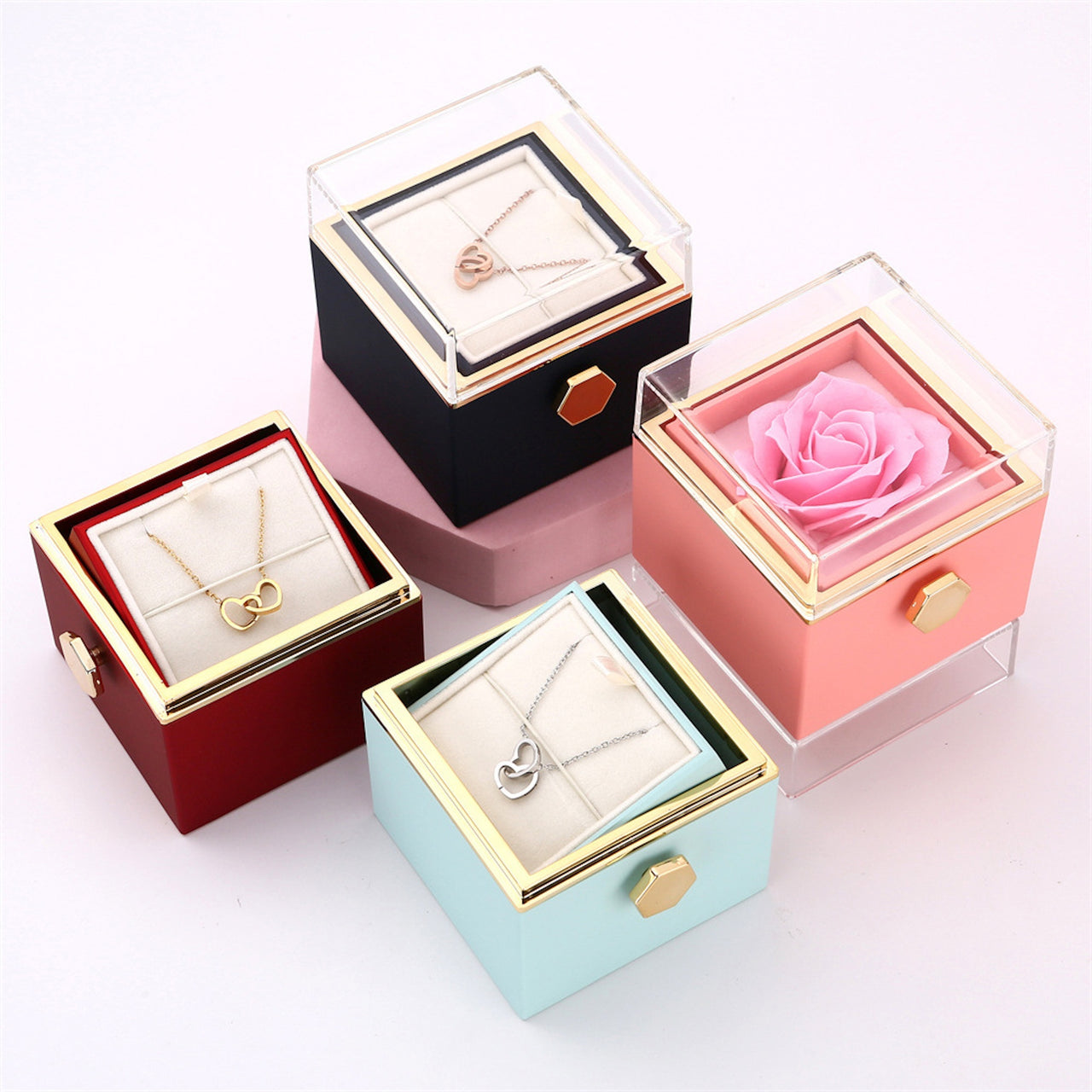 Rotating Rose Jewelry Box – Luxury Gift with Real Flower & Hidden Drawer