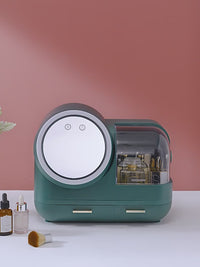 LED Makeup Organizer – 360° Mirror, Dust Cover & USB Soft Wind Tech