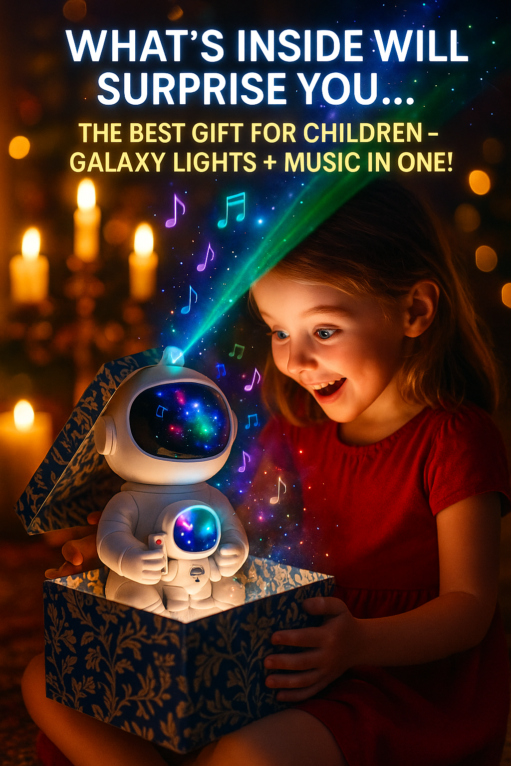 Smiling child opening a gift box with a glowing Astronaut Galaxy Projector, projecting colorful stars and music in a dreamy bedtime setting.