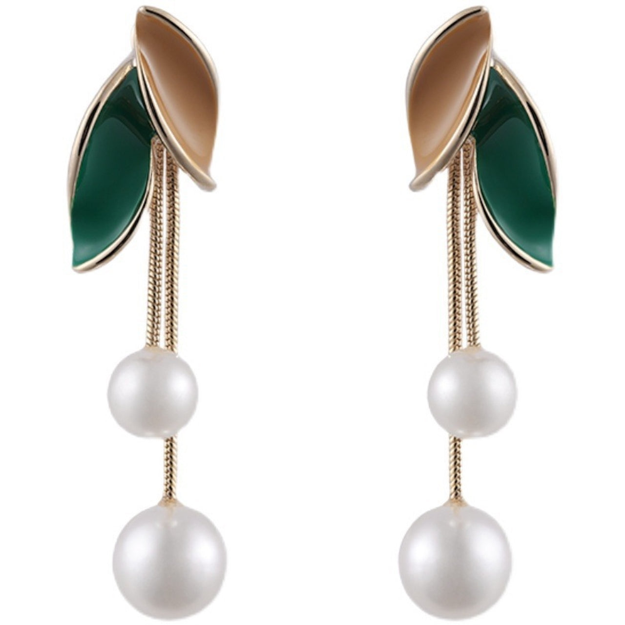 Pearl Leaf Tassel Earrings – Elegant Gold Drop Design for Women