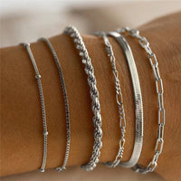 Boho Layered Chain Bracelet Set – 6-Piece Adjustable Silver Stack