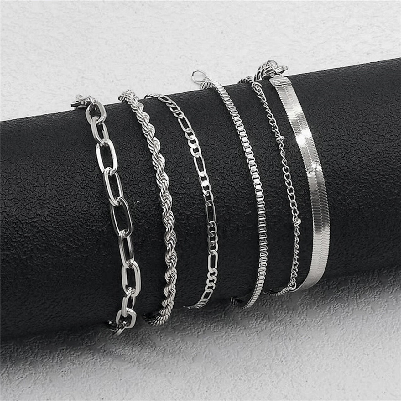 Boho Layered Chain Bracelet Set – 6-Piece Adjustable Silver Stack