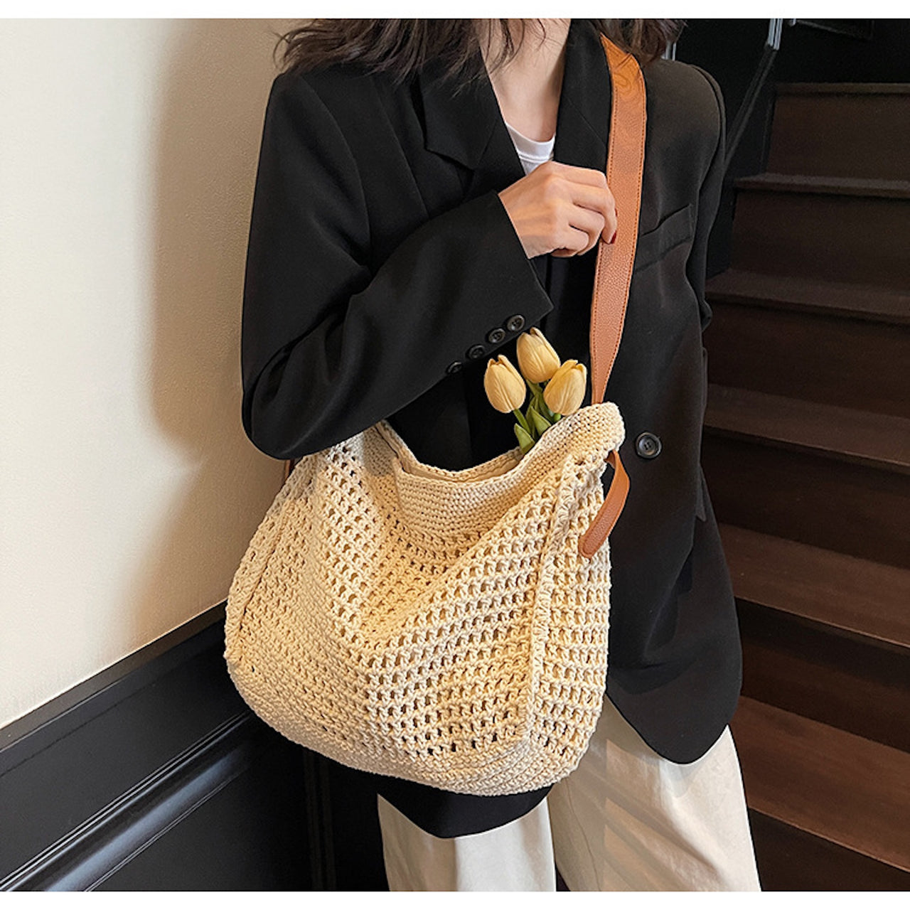 Boho Woven Holiday Tote – Handmade Bag with Vegan Leather Straps