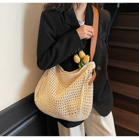 Boho Woven Holiday Tote – Handmade Bag with Vegan Leather Straps