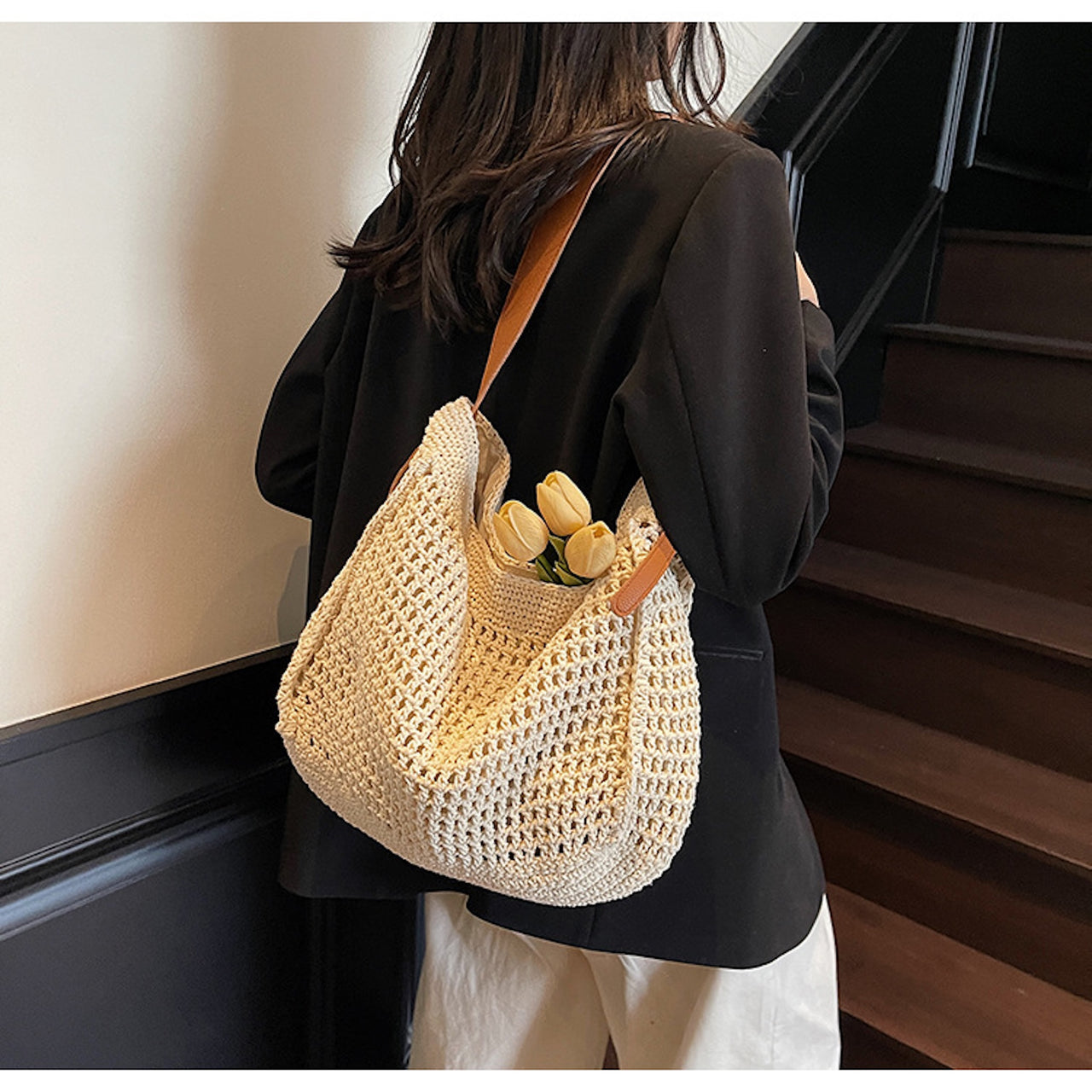 Boho Woven Holiday Tote – Handmade Bag with Vegan Leather Straps