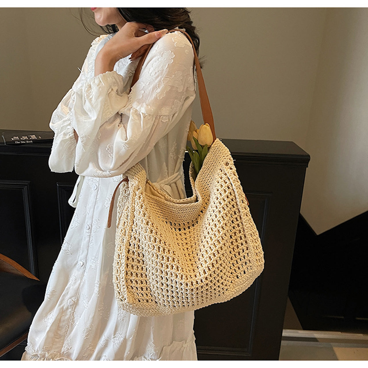 Boho Woven Holiday Tote – Handmade Bag with Vegan Leather Straps
