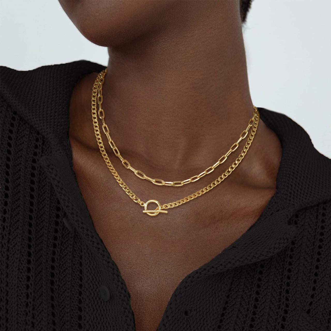 Double Layer OT Buckle Necklace – Gold Chain Statement with Modern Edge