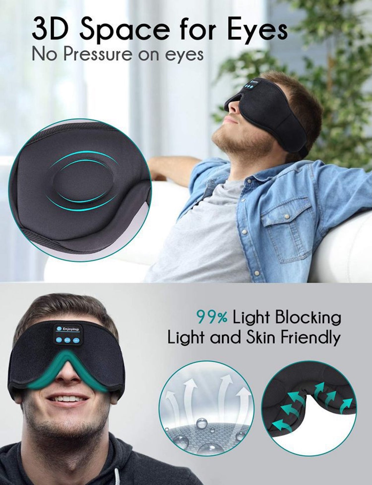 3D Bluetooth Sleep Eye Mask – Wireless Music Headband for Travel & Sleep
