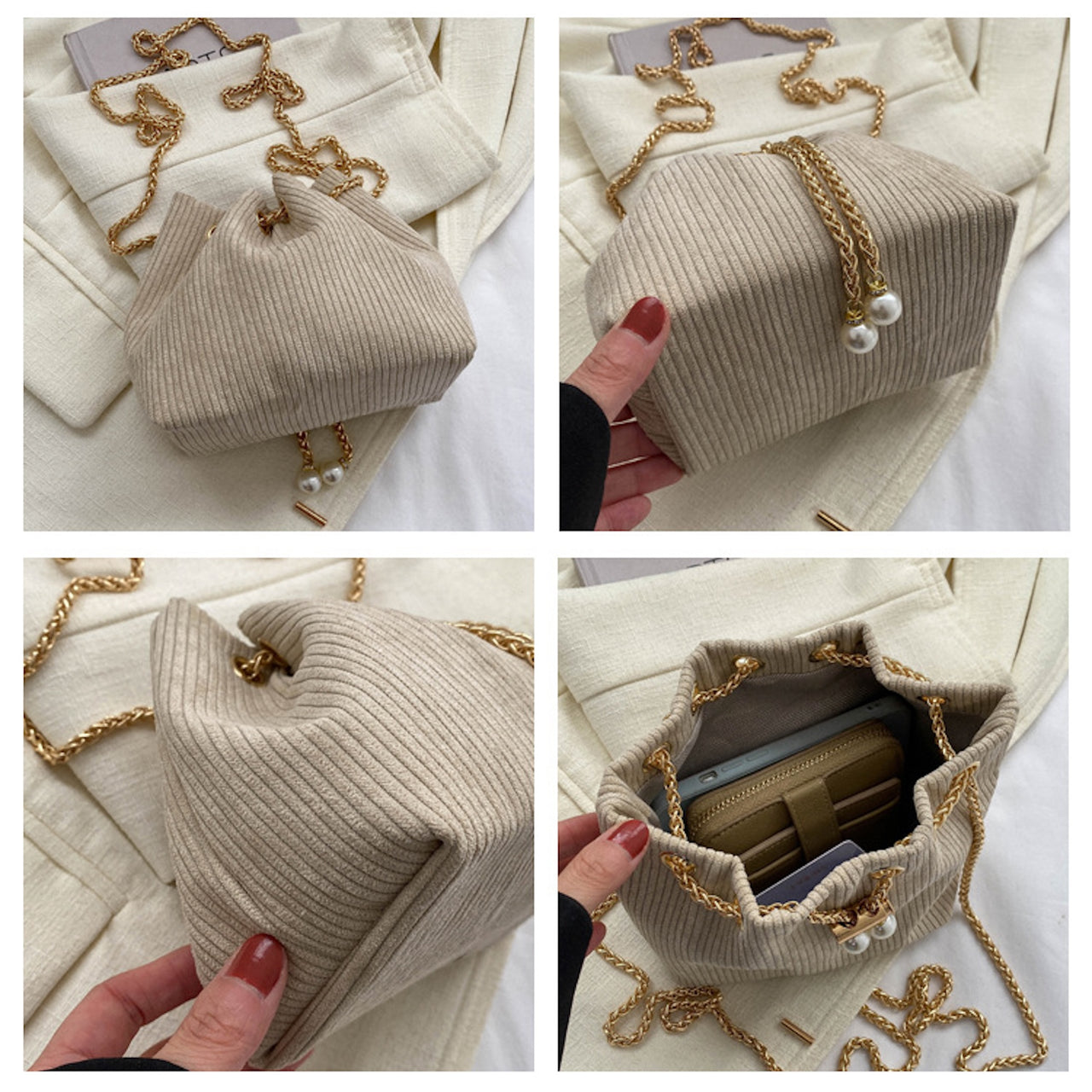 Woven Pearl Chain Bucket Bag – Elegant Lightweight Summer Purse