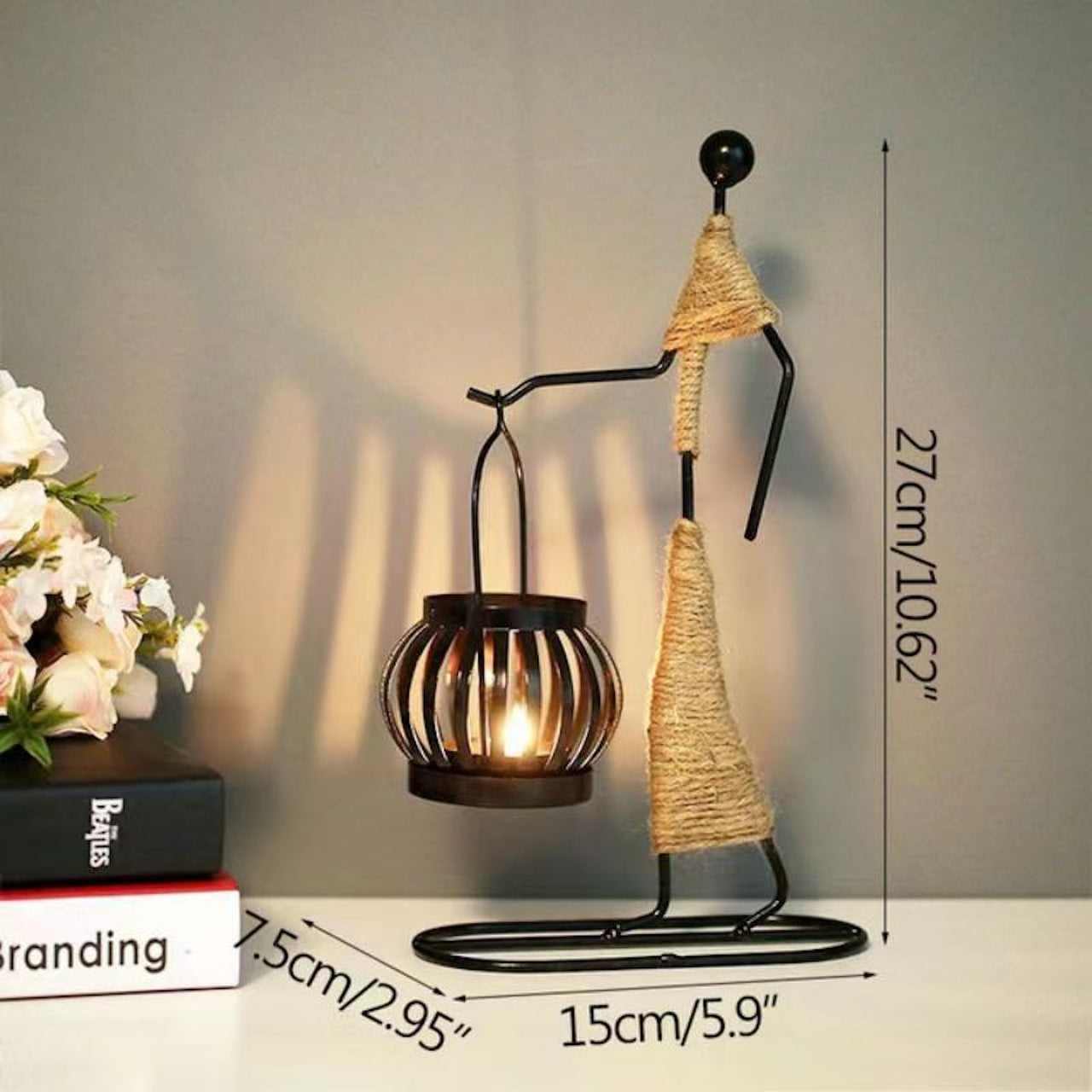Vintage Iron Girl Lantern – Rustic Candle Holder with Rope Accent