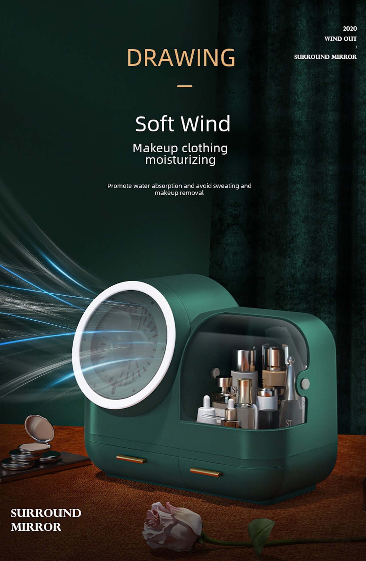 LED Makeup Organizer – 360° Mirror, Dust Cover & USB Soft Wind Tech