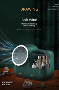 LED Makeup Organizer – 360° Mirror, Dust Cover & USB Soft Wind Tech