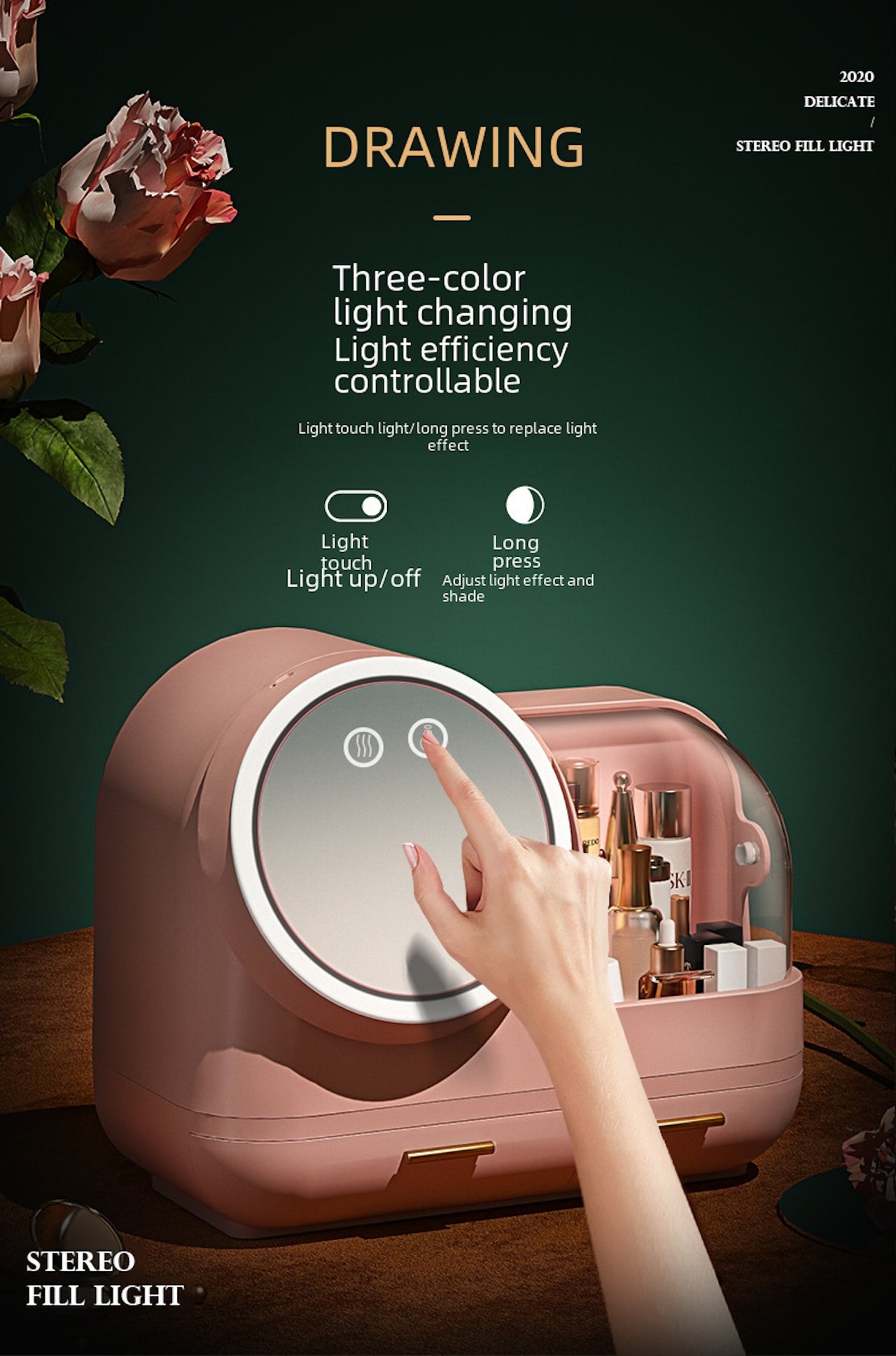 LED Makeup Organizer – 360° Mirror, Dust Cover & USB Soft Wind Tech