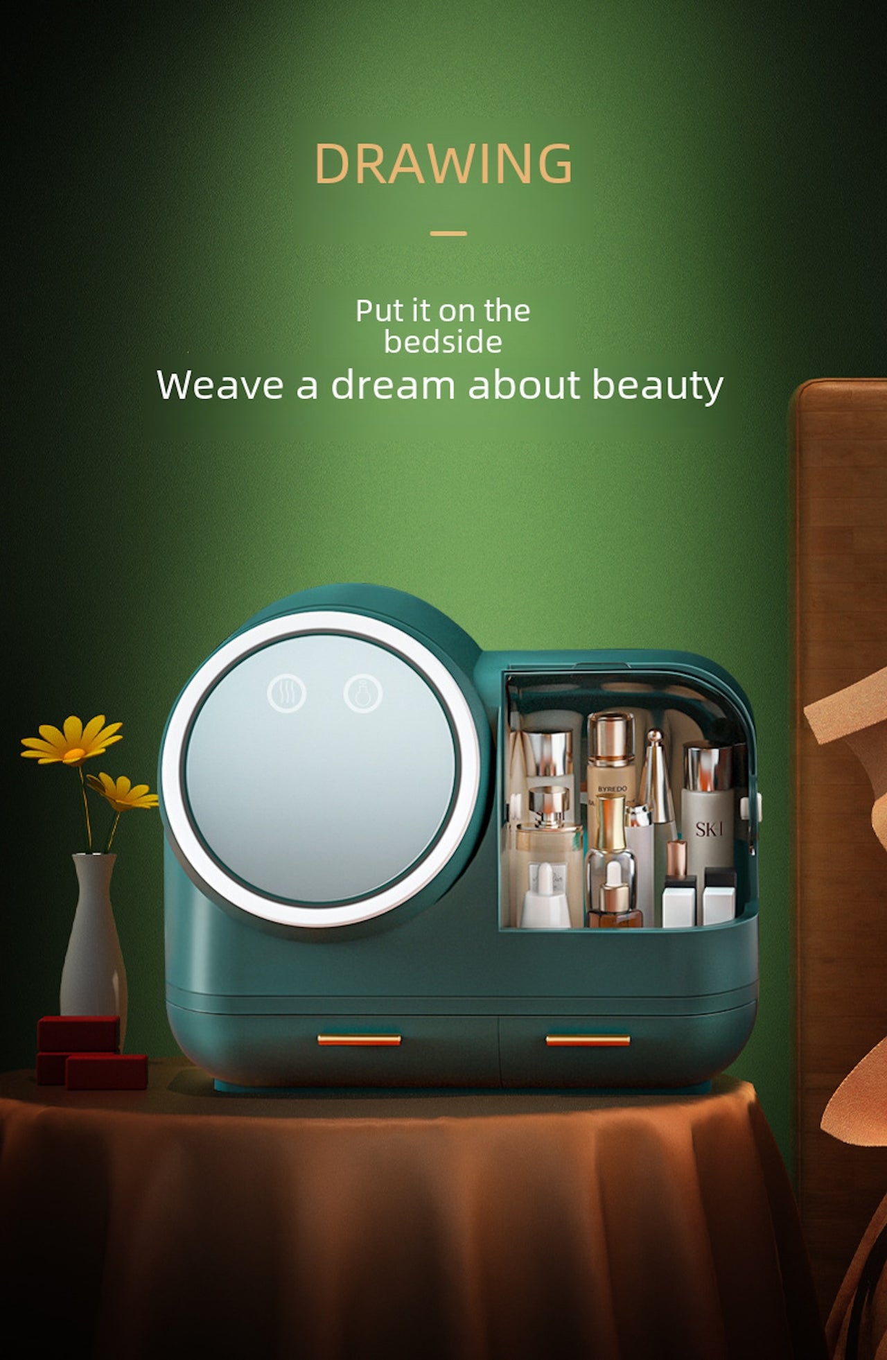 LED Makeup Organizer – 360° Mirror, Dust Cover & USB Soft Wind Tech