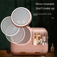 LED Makeup Organizer – 360° Mirror, Dust Cover & USB Soft Wind Tech