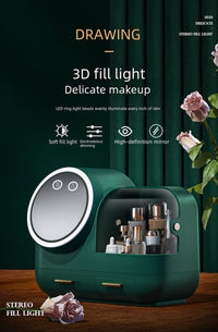 LED Makeup Organizer – 360° Mirror, Dust Cover & USB Soft Wind Tech