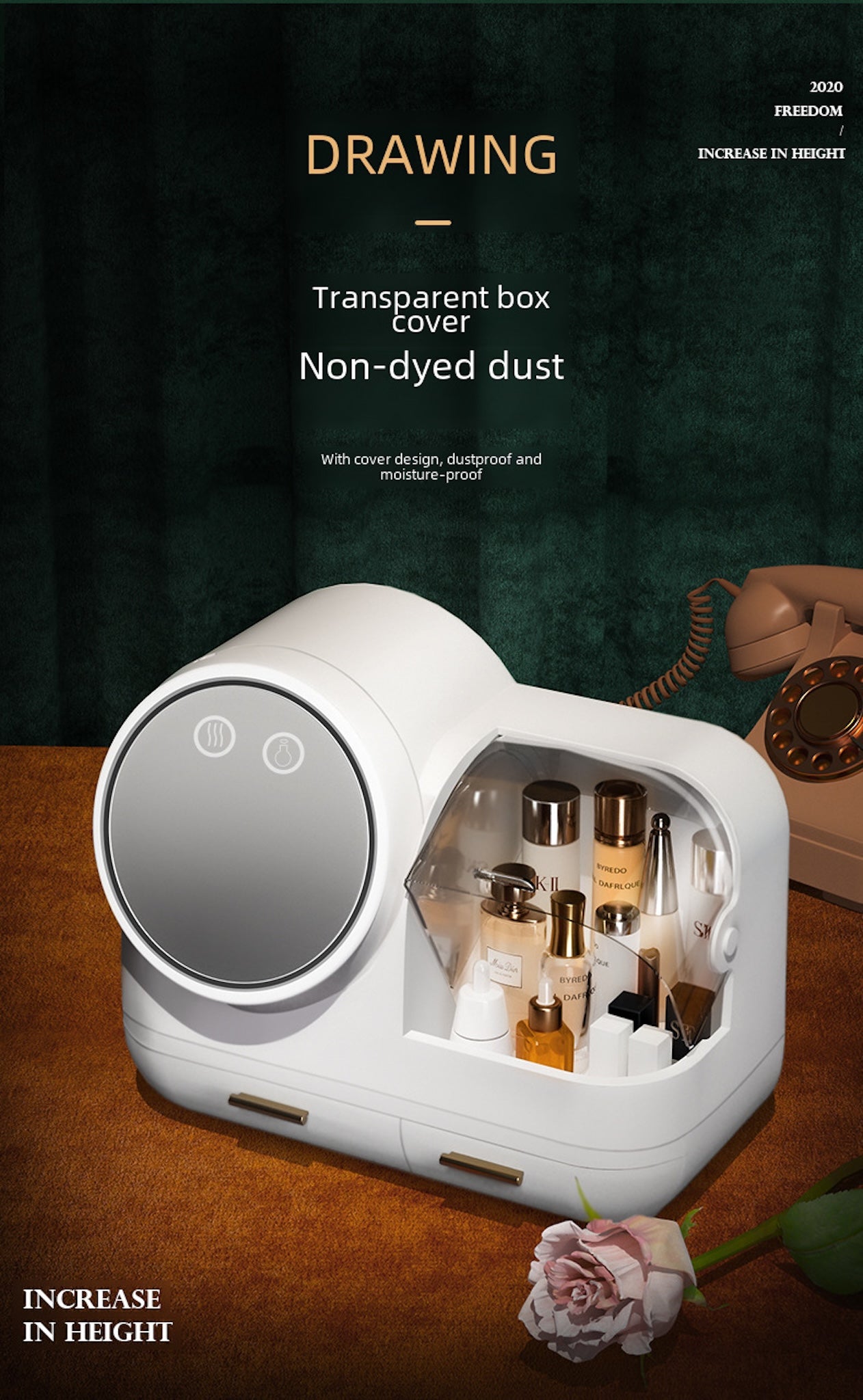 LED Makeup Organizer – 360° Mirror, Dust Cover & USB Soft Wind Tech