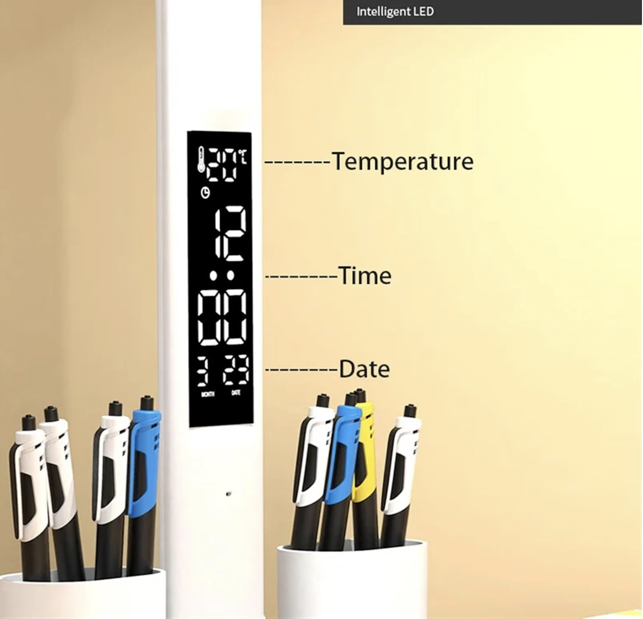 Smart LED Desk Lamp – Rechargeable Study Light with Clock & Pen Holder